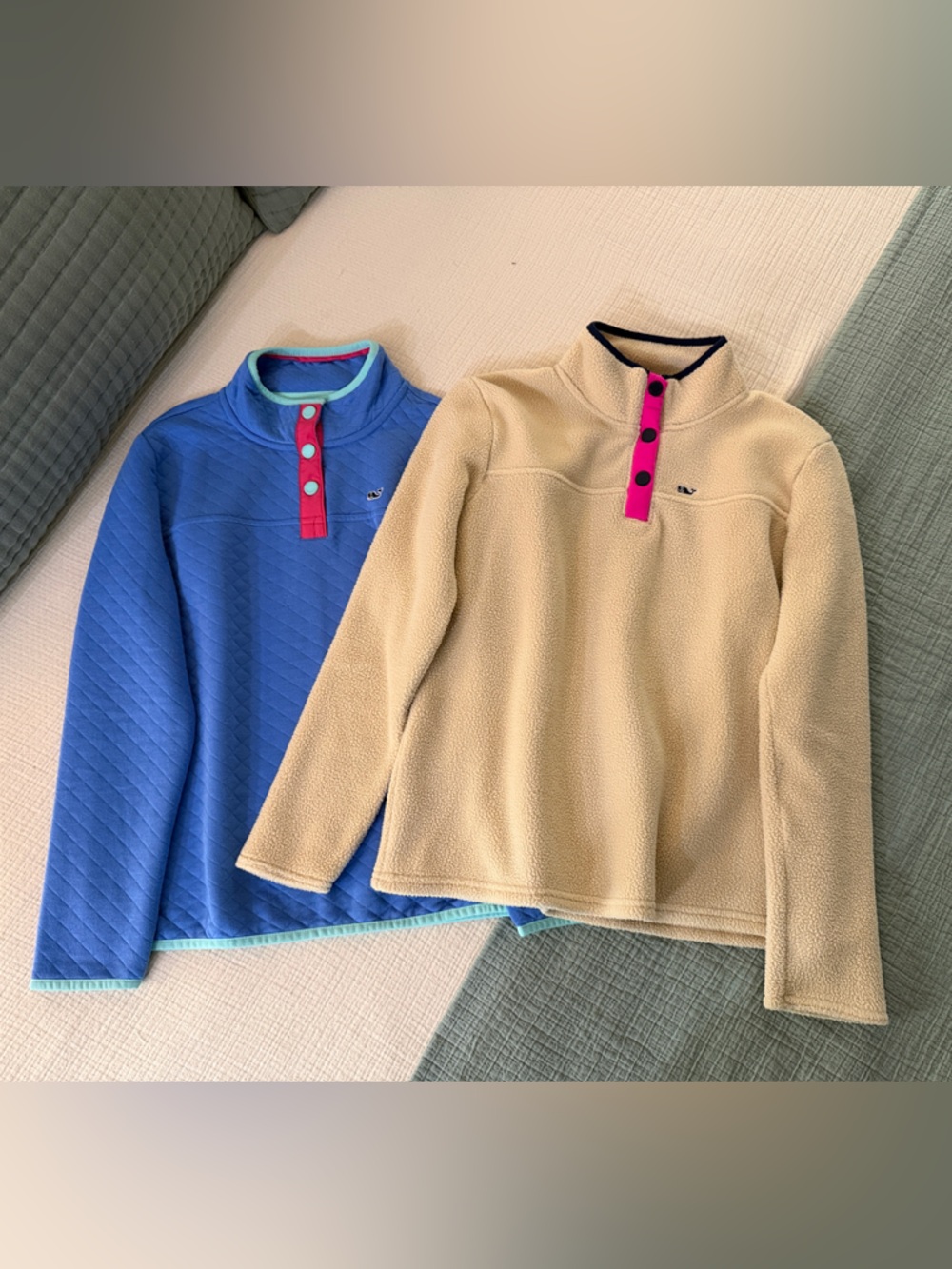 Vineyard Vines - 2 Girls Pullovers Size Large (14) - Tan Fleece and Blue Quilted